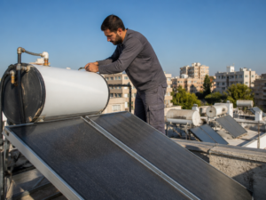 טכנאי מתקן מערכת מים סולארית על גג בניין משותף