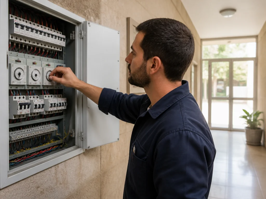 טכנאי מכייל טיימר שבת של בוילר מרכזי בלוח חשמל בבניין משותף
