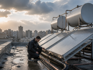 טכנאי בודק מערכת מים חמים סולארית על גג בניין משותף אחרי סערת חורף