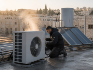 טכנאי בודק משאבת חום לחימום מים על גג בניין משותף בבוקר חורפי
