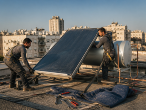 טכנאי מפרק בזהירות קולט שמש מגג בניין משותף לצורך העברת המערכת