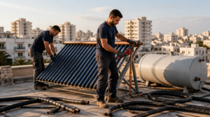 טכנאים מפרקים מערכת מים סולארית מגג בניין משותף לפני החורף
