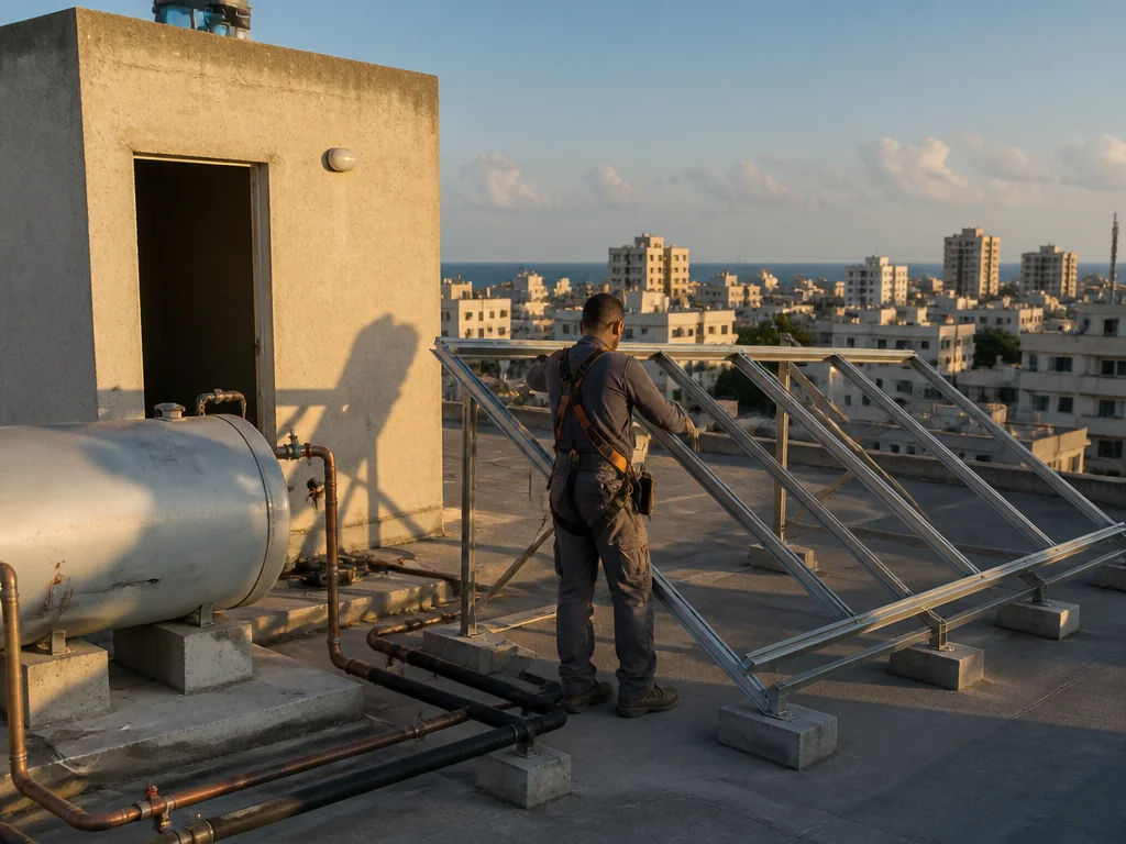 טכנאי מזיז מסגרת קולטים סולאריים על גג בניין משותף בישראל