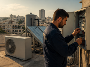 טכנאי בודק לוח חשמל תלת-פאזי לפני התקנת משאבת חום על גג בניין משותף