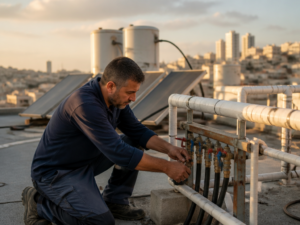 טכנאי מכוון שסתומי איזון במערכת מים חמים סולארית על גג בניין משותף רב קומות