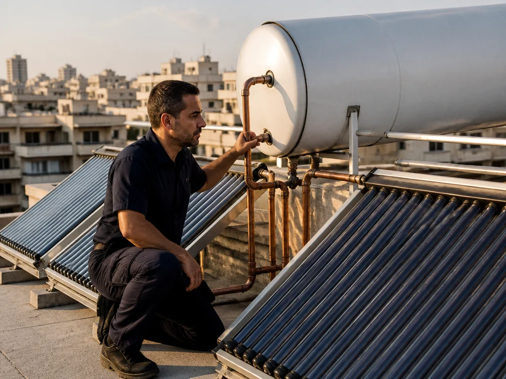 טכנאי בוחן מערכת מים חמים סולארית מרכזית על גג בניין משותף בישראל