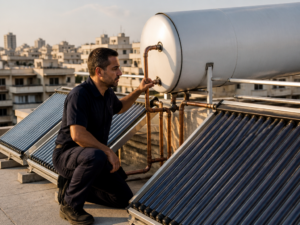 טכנאי בוחן מערכת מים חמים סולארית מרכזית על גג בניין משותף בישראל
