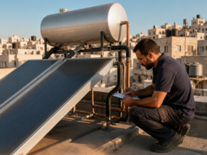 טכנאי בודק מערכת מים חמים סולארית על גג בניין משותף במסגרת קריאת אחריות