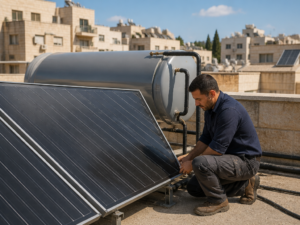 טכנאי מטפל בפאנלים סולאריים PVT על גג בניין משותף בישראל