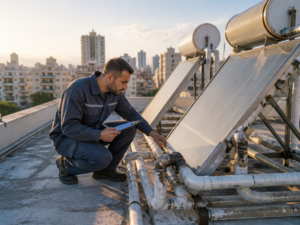 טכנאי בודק קולטים סולאריים על גג בניין משותף במסגרת שיקום חלקי של המערכת