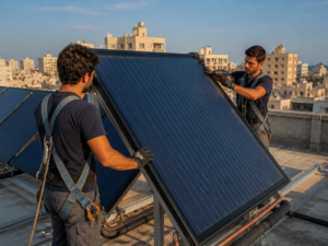 טכנאי מתקין פאנלים סולאריים היברידיים PVT על גג בניין מגורים משותף בישראל