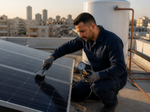 טכנאי מתחזק פאנלים סולאריים PVT על גג בניין משותף בישראל