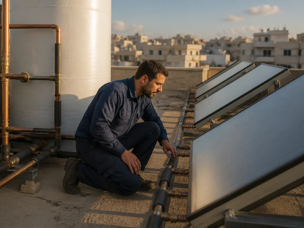 טכנאי בודק קולטים סולאריים על גג בניין משותף במסגרת תוכנית שימור המערכת