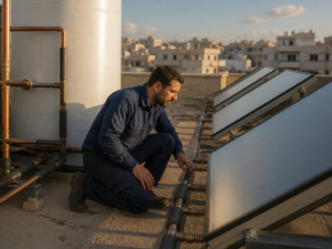 טכנאי בודק קולטים סולאריים על גג בניין משותף במסגרת תוכנית שימור המערכת