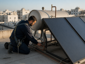 טכנאי בודק מערכת מים חמים סולארית על גג בניין משותף לקראת החורף