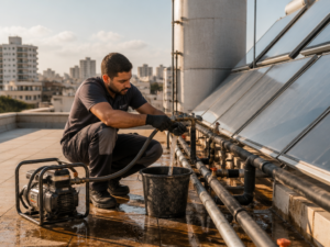 טכנאי מבצע שטיפת מערכת סולארית מרכזית על גג בניין משותף בישראל