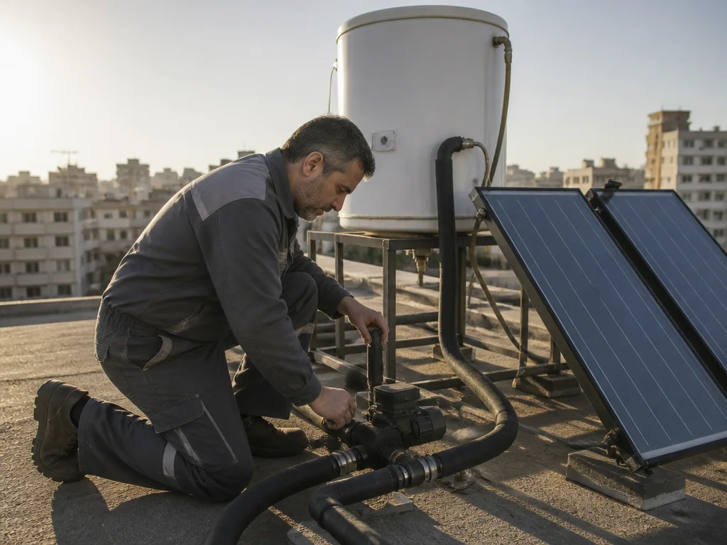 טכנאי בודק משאבת סחרור מים חמים על גג בניין מגורים קטן בישראל
