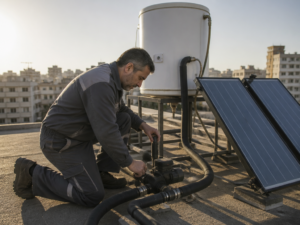 טכנאי בודק משאבת סחרור מים חמים על גג בניין מגורים קטן בישראל
