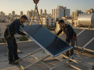 טכנאים מפרקים קולטים סולאריים מגג בניין משותף לקראת העברת המערכת