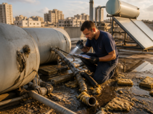 טכנאי בוחן מערכת מים סולארית שנפגעה מנזק מים על גג בניין משותף בישראל