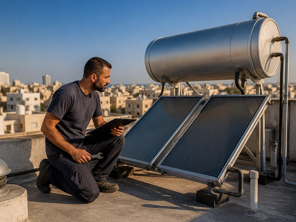 טכנאי בודק מערכת מים חמים סולארית על גג בניין משותף בישראל