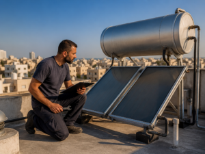 טכנאי בודק מערכת מים חמים סולארית על גג בניין משותף בישראל