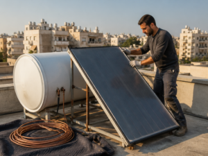 טכנאי מפרק קולטי שמש מגג בניין משותף בזמן העברת מערכת מים סולארית