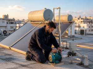 טכנאי בודק משאבת סחרור ודוד שמש מרכזי על גג בניין משותף בישראל אחרי תקלה חוזרת