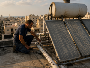 טכנאי מבצע טיפול שנתי במערכת סולארית מרכזית על גג בניין ותיק