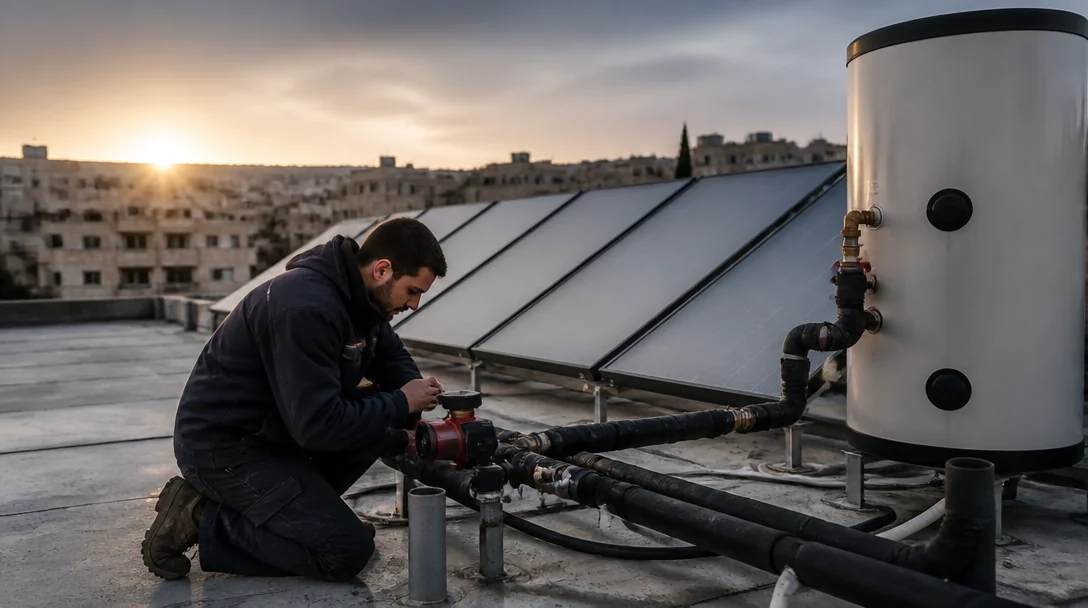 טכנאי בודק משאבת סחרור על גג בניין משותף ביום חורף קר