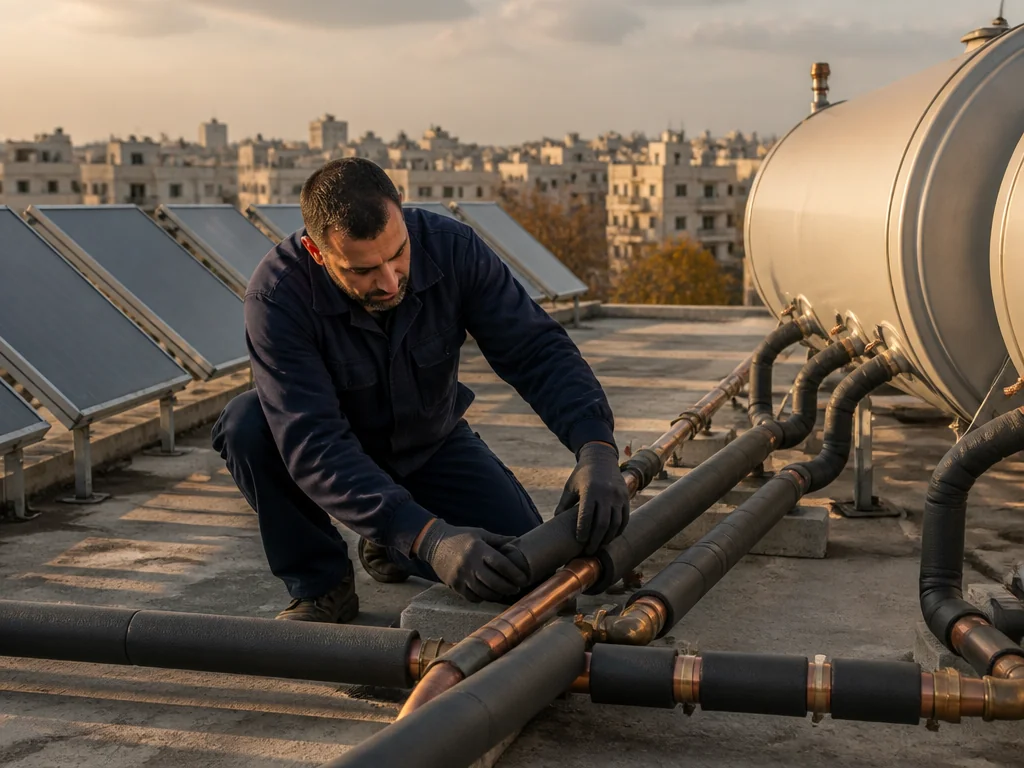טכנאי בודק צנרת ובידוד של מערכת מים סולארית על גג בניין משותף לפני החורף