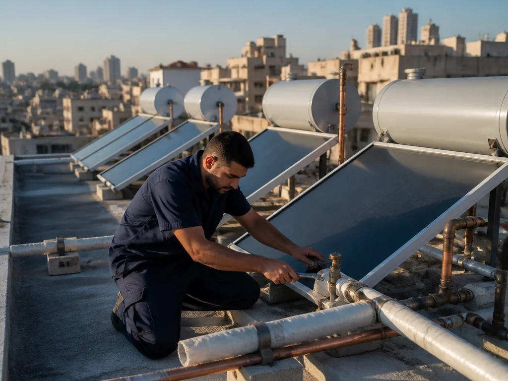 טכנאי מטפל בתקלה במערכת מים חמים סולארית על גג בניין משותף