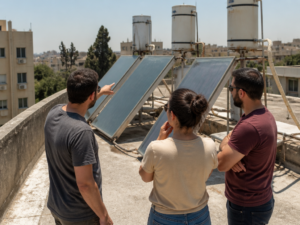 ועד בית בבניין משותף בוחן מערכת מים חמים סולארית על הגג