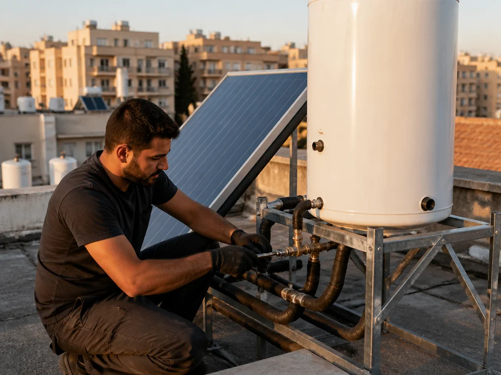 טכנאי בודק מערכת מים חמים סולארית על גג בניין משותף